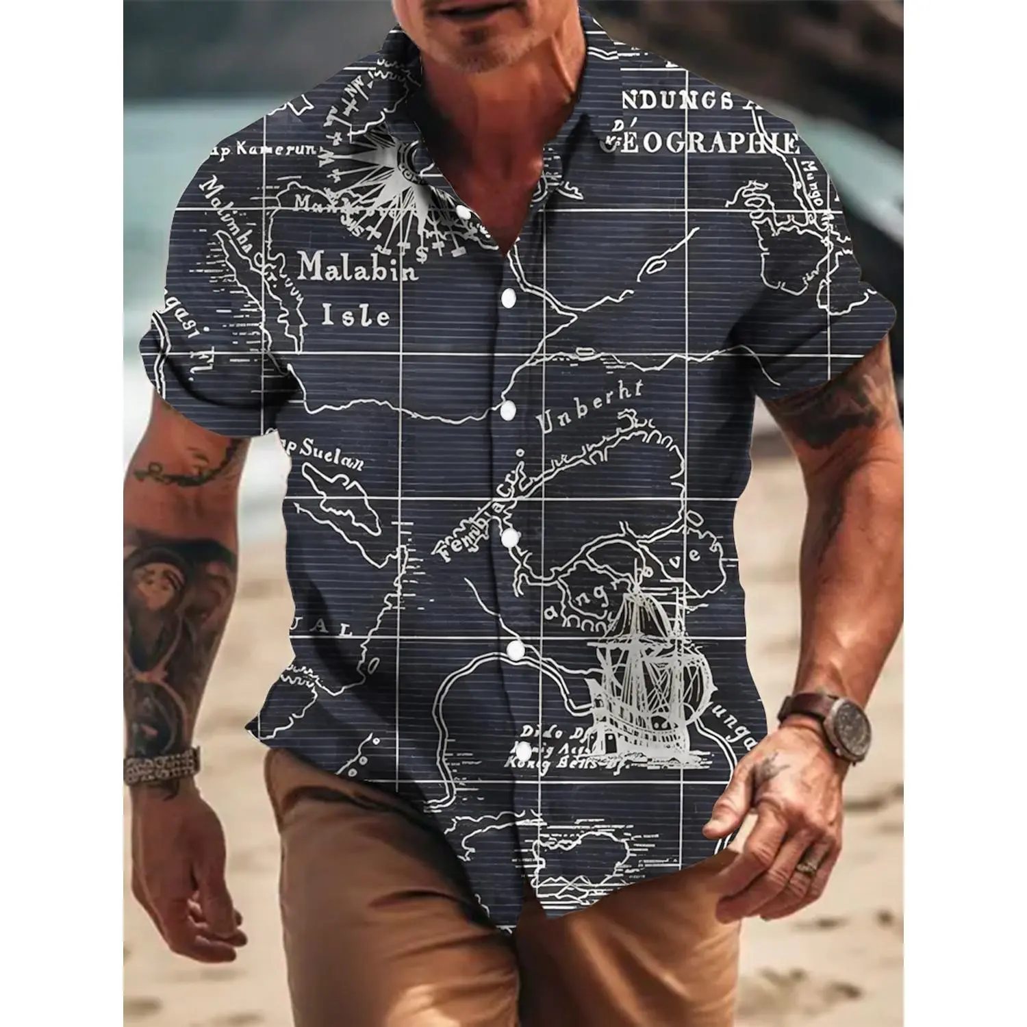 Men's Short Sleeve Shirt Graphic Print Injector Vintage Compass Sailboat Colorful Outdoor Street Fashion Clothing Decline