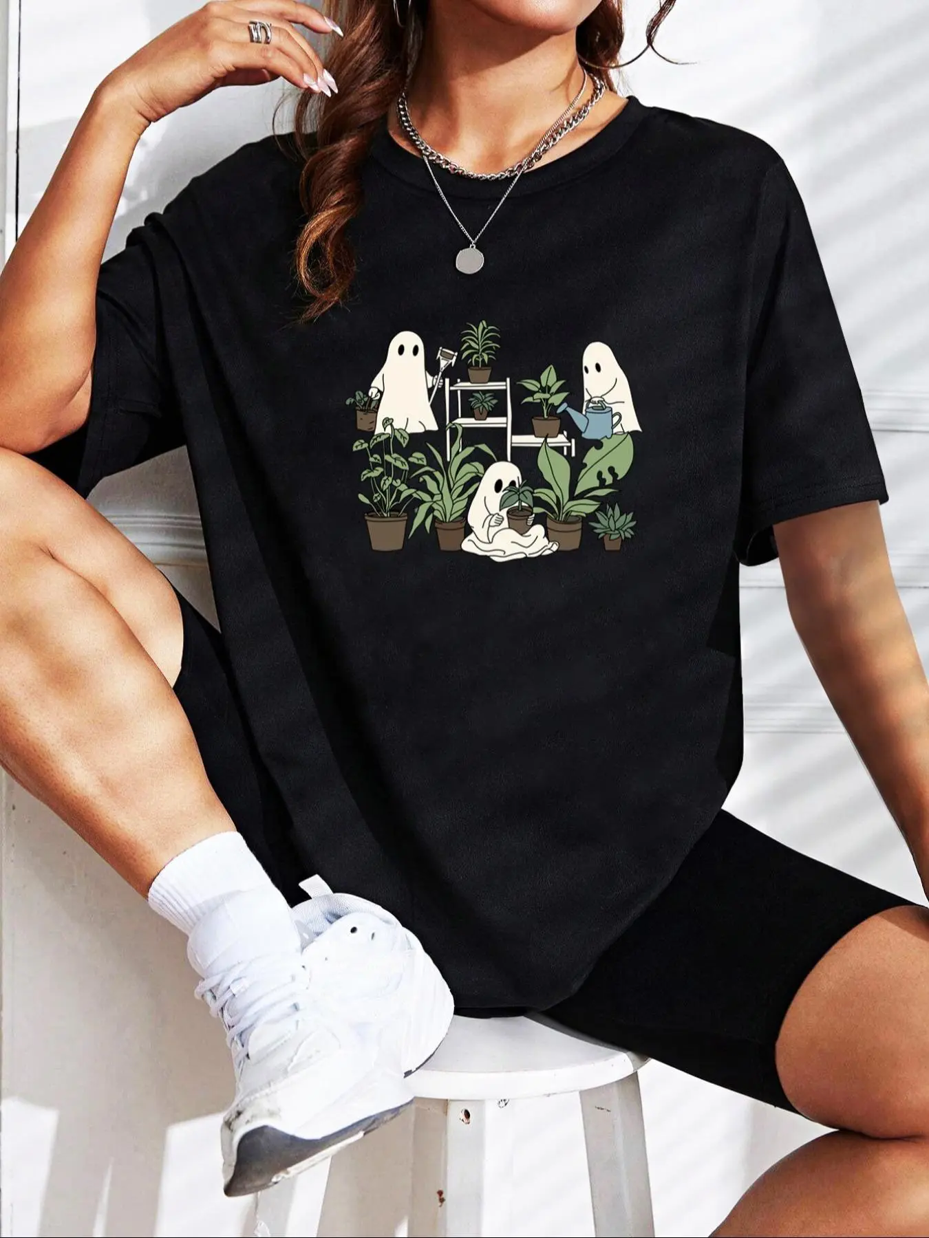 Women's Cartoon Ghost & Potted Plants Print Tee, Cute Crew Neck Short Sleeve T-Shirt, Ladies Clothes for All Seasons