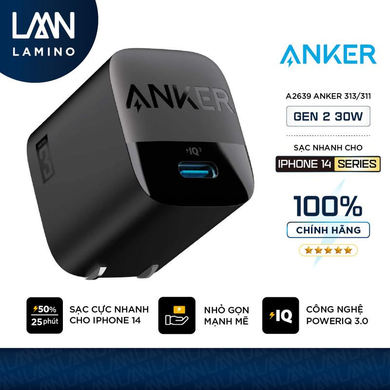 Sạc ANKER 313 GEN 2 30W 1 cổng USB-C PiQ 3.0 tương thích PD - A2639 - Hỗ trợ sạc nhanh tối đa 27W cho iPhone 14 Series