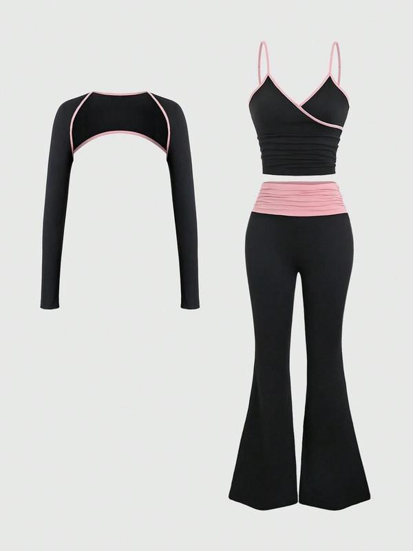 Women's Colorblock Contrast Binding Crop Long Sleeve Top & Cami Top ...