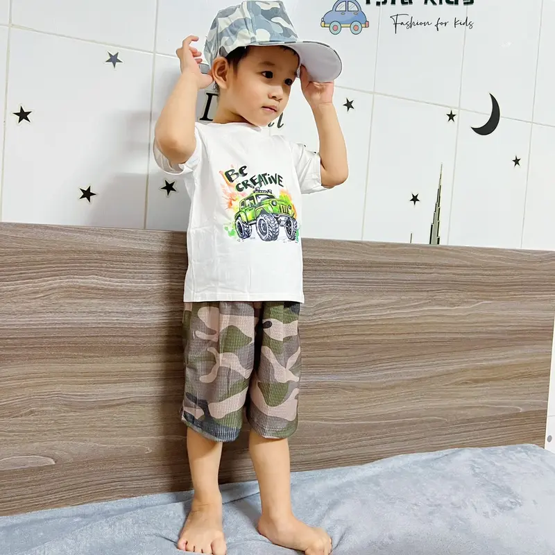 Bộ cotton 3 món bé trai KÈM MŨ LƯỠI TRAI rằn ri (size 8-17Kg) 3
