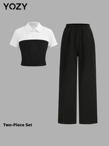YOZY Women's Colorblock Polo Neck Top & Plain Pants Two-piece Set, Casual Short Sleeve Half Button Top & Trousers for Daily Wear, Ladies Two-piece Outfits for All Seasons