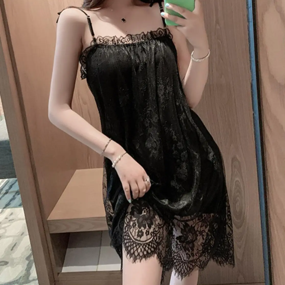 V17 Váy ngủ voan mềm hai lớp xuyên thấu nhẹ, form rộng mịn mát đầm hai dây ren công chúa sang trọng, kèm quần – Hshine Nữ Đầm Ngủ