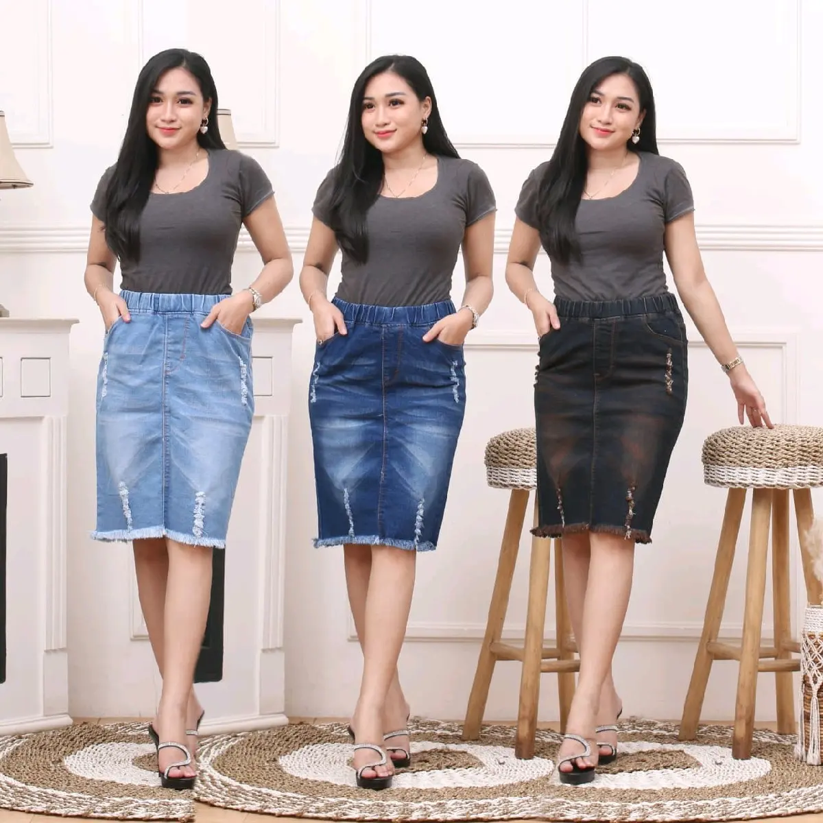 Rok Jeans Wanita Model Rawis Wisker Stretch Denim Pendek Span Mini - Ukuran 31-44 - Span Denim Pendek