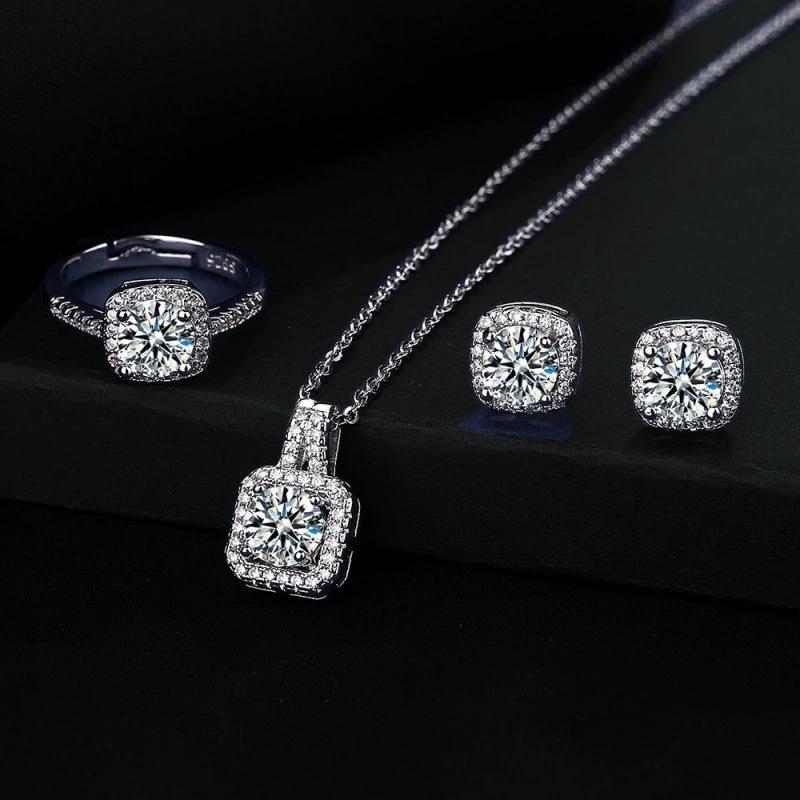 Product Introduction of Korean Style High-End Square Zircon Set 1 Carat Diamond Ring Necklace Earrings Three-Piece Set Light Luxury Brightening Versatile Valentine's Day Birthday Gift 0