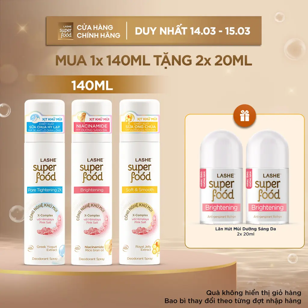 Combo Xịt Khử Mùi LASHE SUPERFOOD 140ML + Tặng 2 Lăn Hút Mùi LASHE SUPERFOOD Dưỡng Sáng Da 20MLx2