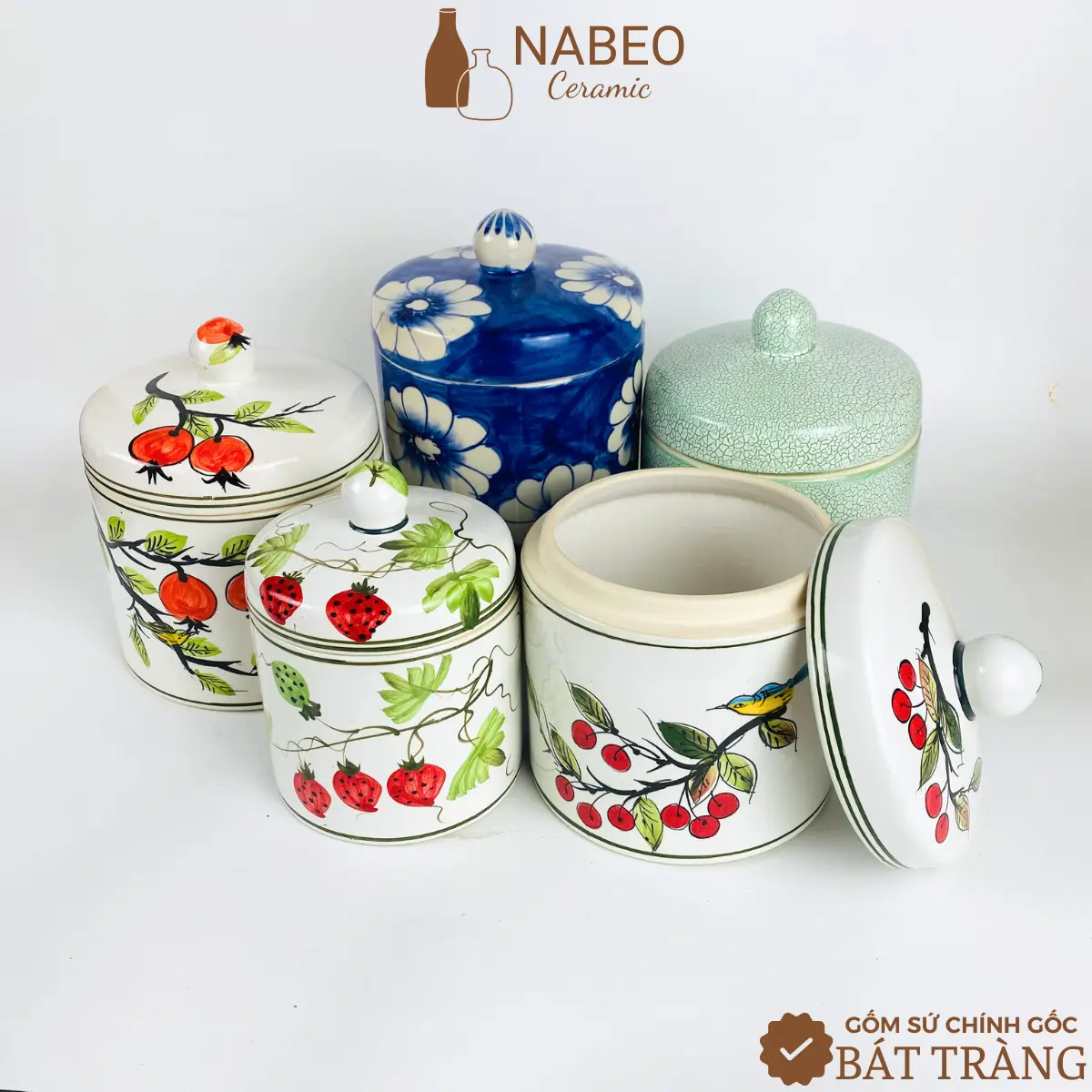 Vại Muối Dưa Cà Sứ Trắng Bát Tràng, Hũ Đựng Muối, Mỡ Hoạ Tiết Vẽ Tay Thủ Công Dung Tích 1300ml & 800ml Đựng Gia Vị Đựng Đồ Ăn