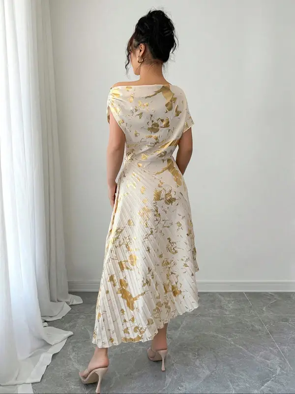 Women's All Over Print Asymmetrical Neck Dress, Elegant Fashion Casual Dress for Daily Outdoor Wear, Women Dress for Summer 3