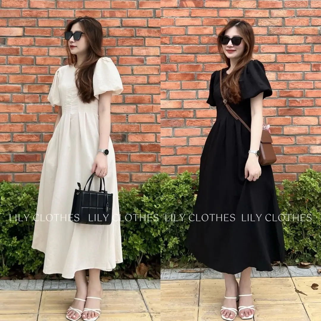 Váy đũi xước tay bồng xếp ly ngực dáng dài Rosy dress