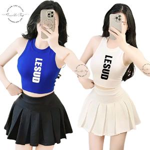 [Size S] Set Outfit Áo 3 Lỗ Croptop Borip Ôm Body In Chữ Dọc Lesud Phối Chân Váy Xếp Ly Ngắn Vải Da Cá (Mocking Lưng Thun), Nữ Kem Women Pants Thun Cổ Tròn