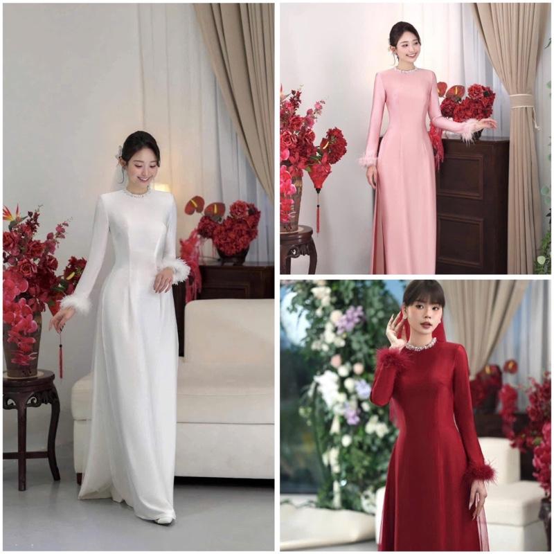  Áo cô dâu nhẹ nhàng tinh tế với điểm nhấn cổ tròn tay lông siêu xinh CỔ CHỮ V VOAN NỮ-ÁO DÀI CELIA Váy Cưới 