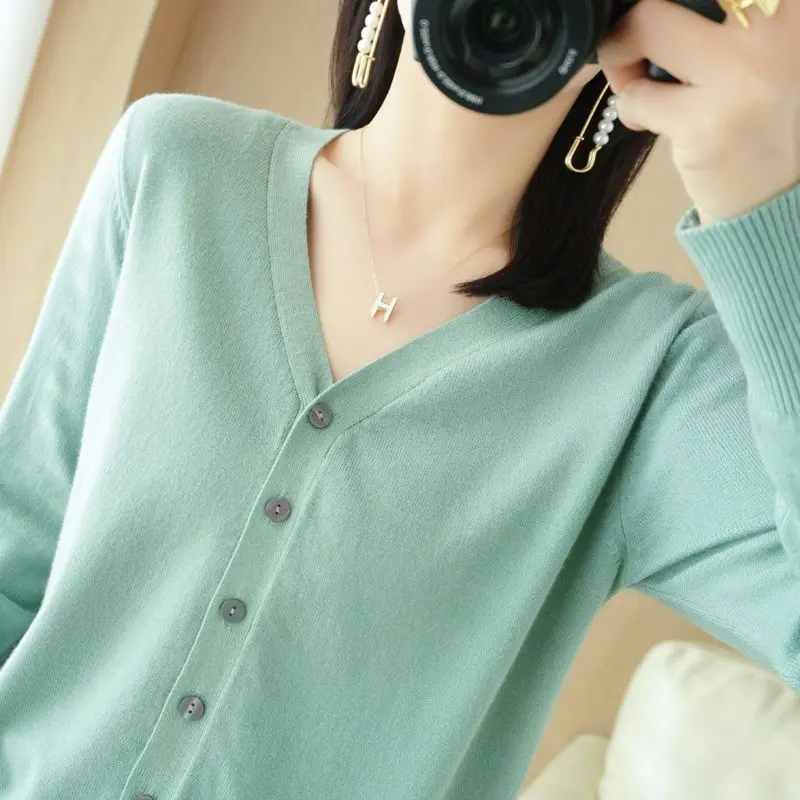 Áo Khoác Cardigan Dệt Kim, Dài Tay, Dành Cho Nữ, Bó Sát, Vải Dệt Kim, Cổ Chữ V, Bộ Sưu Tập Mùa Xuân Mới, Mặc Bên Ngoài, Áo Len, Có 100 Áo Lớp Nền, Thích Hợp Để Mặc