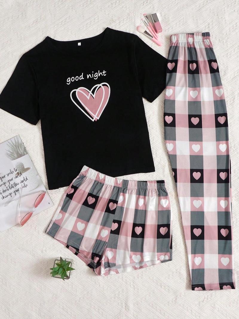 Product Introduction of Three-Piece Set Women's Plaid Print Pyjama Set, Casual Comfy Short Sleeve T-shirt & Elastic Waist Shorts & Bow Front Pants PJ Set, Ladies Sleepwear for All Seasons 4