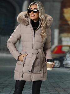Women's Solid Color Contrast Faux Fur Trim Belted Padded Coat, Casual Pocket Zipper Long Sleeve Thermal Outerwear for Fall & Winter, Women's Clothing for Daily Wear