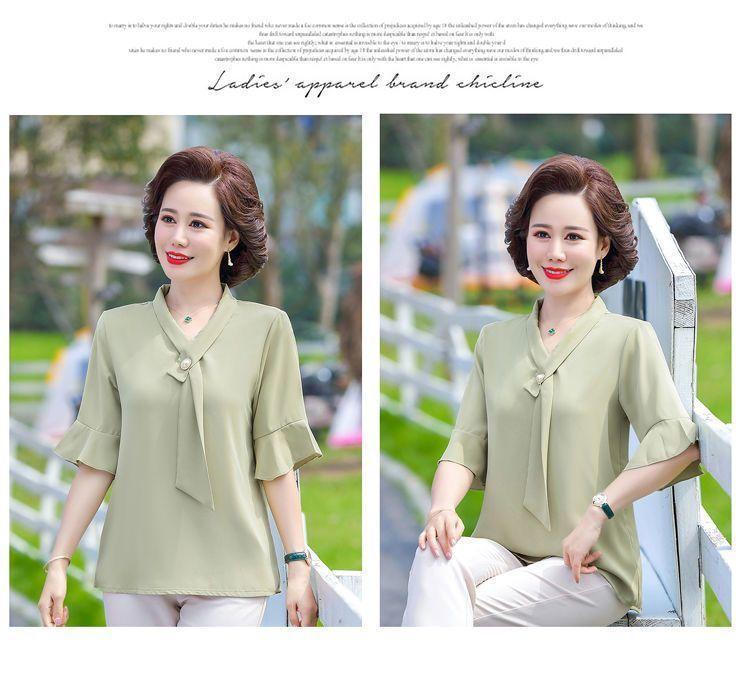 Product Introduction of Áo Phong Cách Phương Tây Ngắn Tay, Quần Áo Cho Mẹ, Thích Hợp Cho Mẹ TRUNG NIÊN Và TRUNG NIÊN, Hàng Mới Về, Dáng Rộng Vừa Vặn, Làm Bằng Voan, 40-50 Tuổi Nữ Top Women Shirt Sơ Mi 16