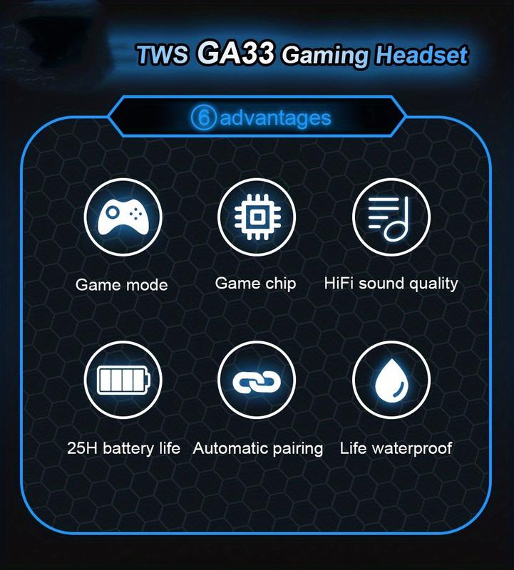Product Introduction of TWS chơi game T33, tiêu thụ độ trễ thấp, âm trầm hai tai, âm nhạc và cuộc gọi điện thoại, tai nghe Bluetooth không dây, những người đam mê trò chơi, cách âm, giảm tiếng ồn, thích hợp cho IOS/Android 4