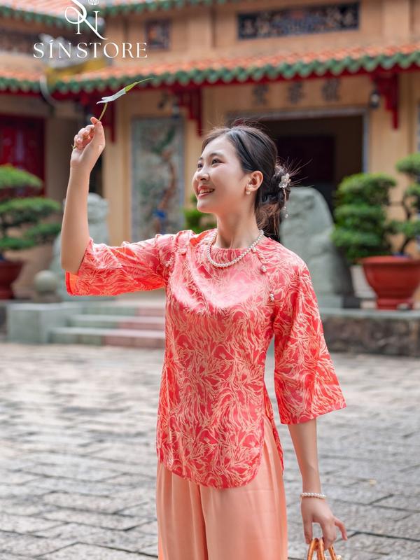 [SÍN STORE] Nguyên Bộ Áo Gấm họa tiết tay lỡ cổ tròn kèm quần lụa satin Top Women-G11