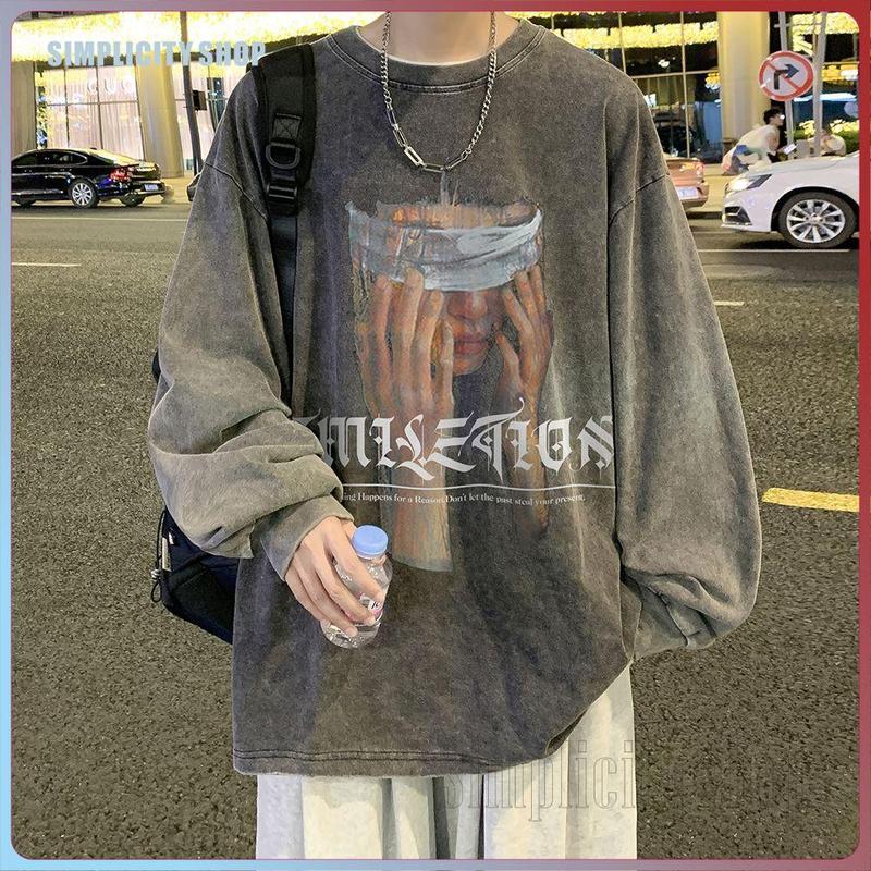 Áo nỉ nam dài tay Áo Len Retro Mỹ Cho Nam, Áo Thun Dài Tay In Họa Tiết, Cổ Tròn, Áo Chui Đầu