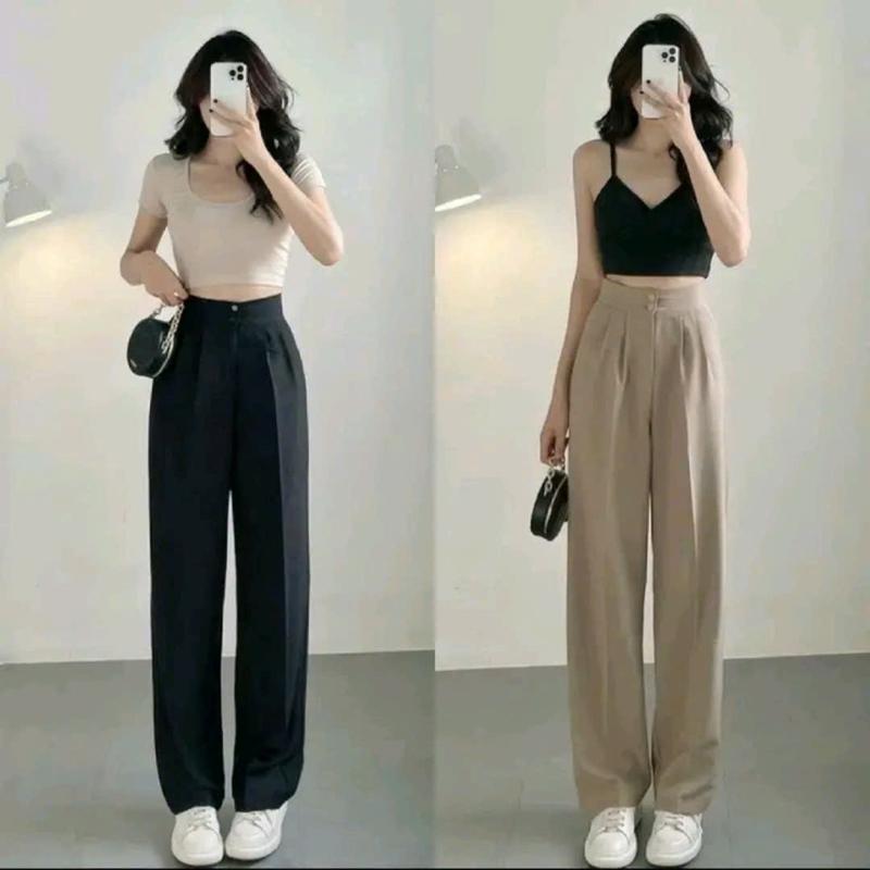  Quần suông vải tuyết mưa mềm mịn 2 khuy cạp cao tôn dáng ống rộng 23-25cm 