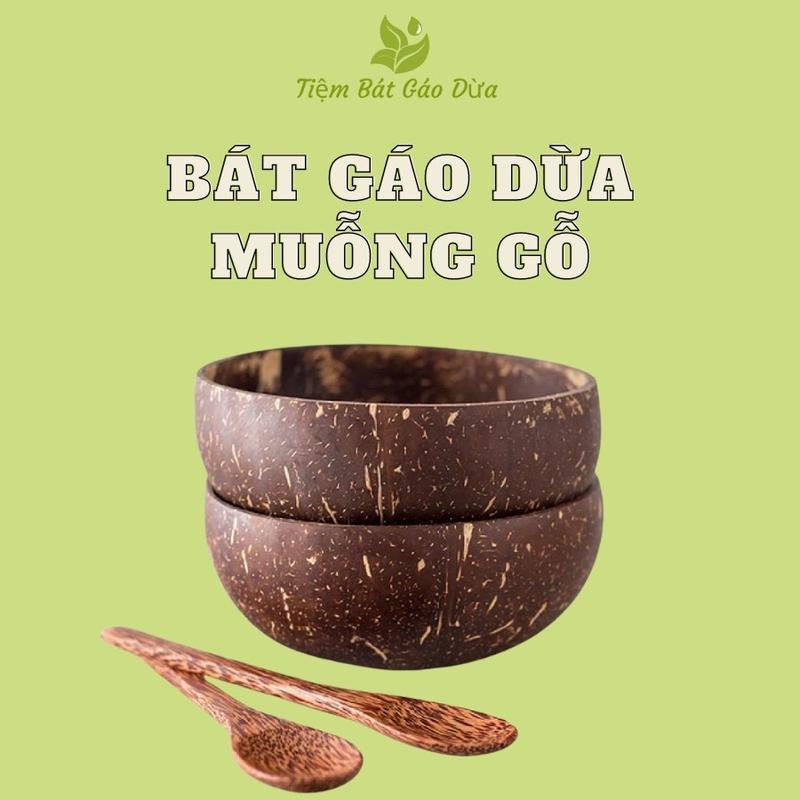    Size Trung  Combo 2 bộ bát gáo dừa muỗng gỗ để ăn ngũ cốc bat diagiadinh 