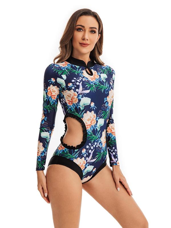 Women's Floral Print Frill Trim Cut Out One-piece Swimsuit, Elegant Mandarin Collar Long Sleeve Racing Swimwear for Beach Holiday Vacation, Ladies Swimsuit for All Seasons 5