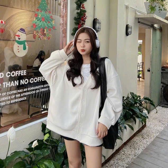 Áo Cardigan nỉ tăm cổ V co dãn, áo khoác cadigan khoác ngoài cho nữ CHEP BASIC áo  len có thể giặt máy 【 trắng 】 0