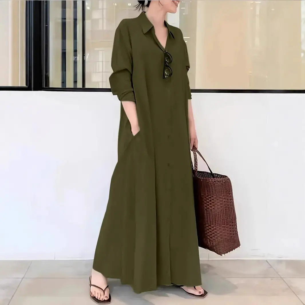 Váy Sơ Mi Dài Thường Ngày Phong Cách Âu Mỹ Chất Liệu Vải Lanh Bông Màu Trơn Cổ bẻ xuống, Dài Tay, Có Túi, Thiết Kế Đơn Giản, Dáng Rộng Vừa Vặn, Hàng Có Sẵn Năm 2024