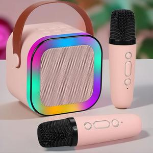 Wireless Karaoke Speaker with 2 Wireless Microphones, Rechargeable HiFi Stereo Round Sound KTV Speaker System with Microphone, Multifunction Wireless Speaker with RGB Colorful LED Lights, Portable Karaoke