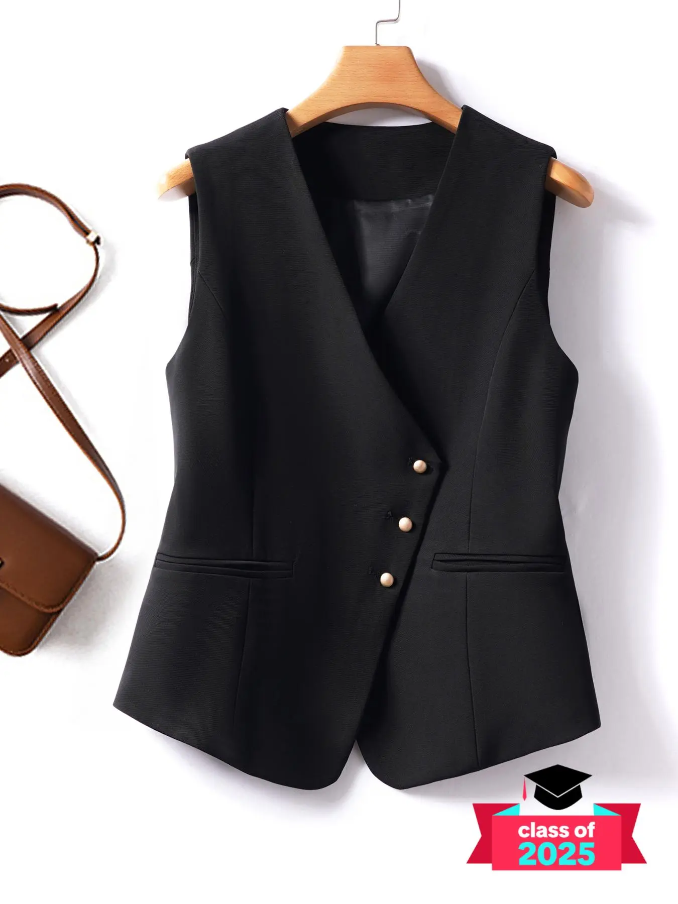 Women's Solid Asymmetrical Button Front Vest Blazer, Elegant V Neck Sleeveless Outerwear, Ladies Spring & Fall Clothes for Work Office Business, Back to School Womenswear， Jackets for Women