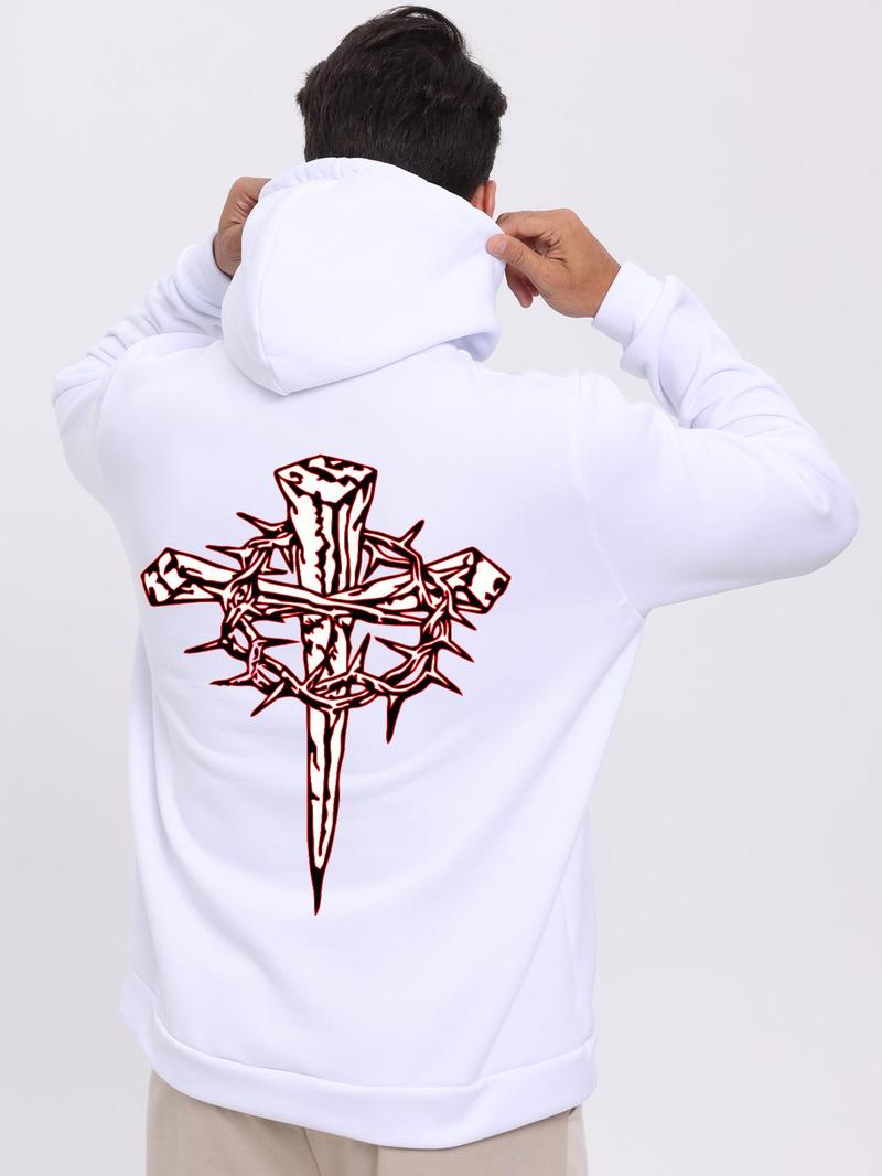 Product Introduction of Unisex's Cross Print Thermal Lined Hoodie, Casual Regular Fit Long Sleeve Hooded Sweatshirt for Fall & Winter, Men's Top for Daily Wear 1