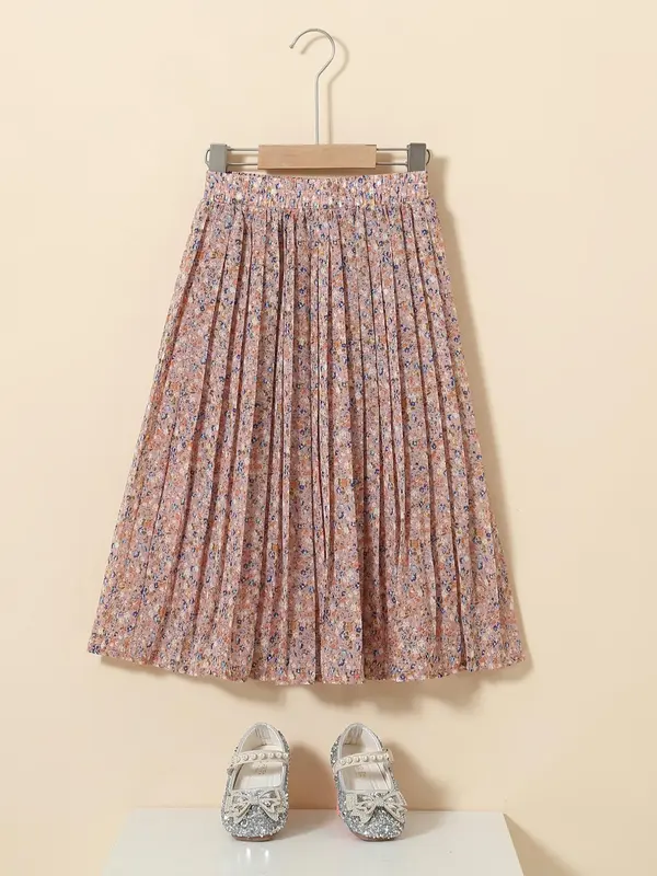 Girl's Ditsy Floral Print Pleated Skirt, Boho Style Elastic Waist A Line Skirt for Daily Wear, Kids Bottoms for All Seasons 1