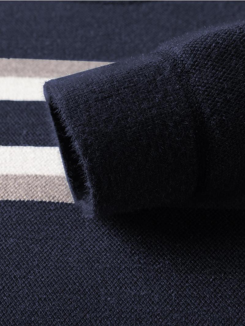 Product Introduction of Men's Thermal Lined Regular Fit Striped Print Round Neck Knitted Sweater, Thick Warm Casual Long Sleeve Crew Neck Jumper for Fall & Winter, Fashion Men's Knitwear for Daily Wear 4