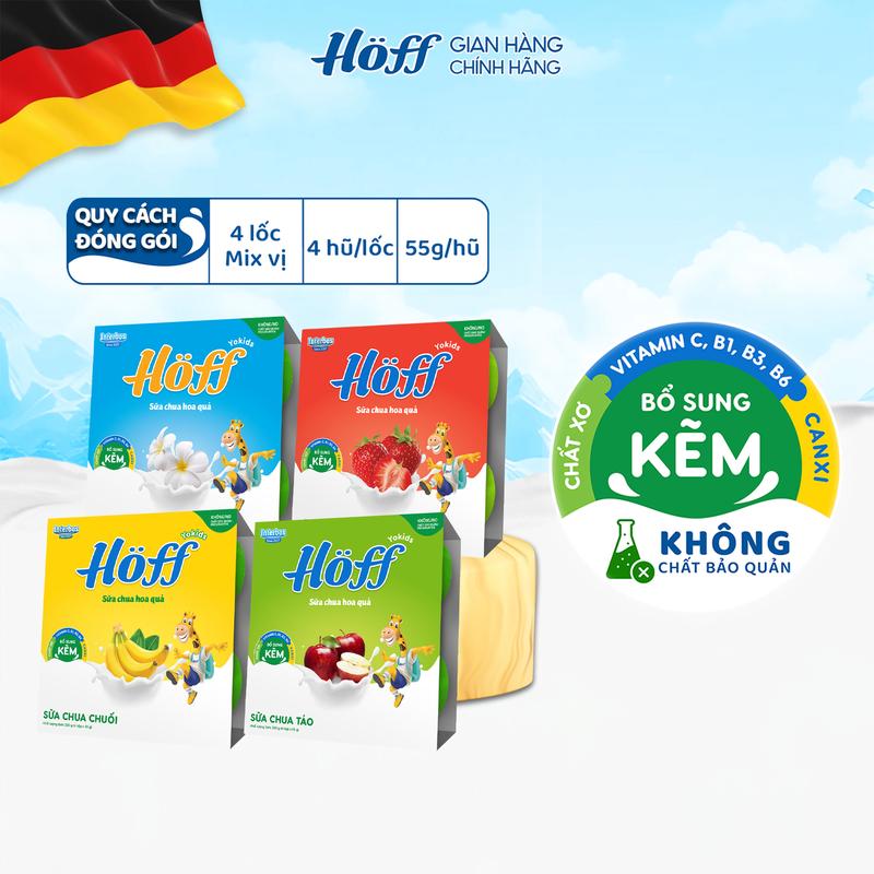 Sữa chua cho bé ăn dặm combo mix 4 vị Hoff bổ sung dinh dưỡng canxi kẽm vitamin B1 B2 B3 B6 chất xơ, Men Vi Sinh hỗ trợ hệ tiêu hóa 4 lốc (16 hộp x 55g) - LIVE