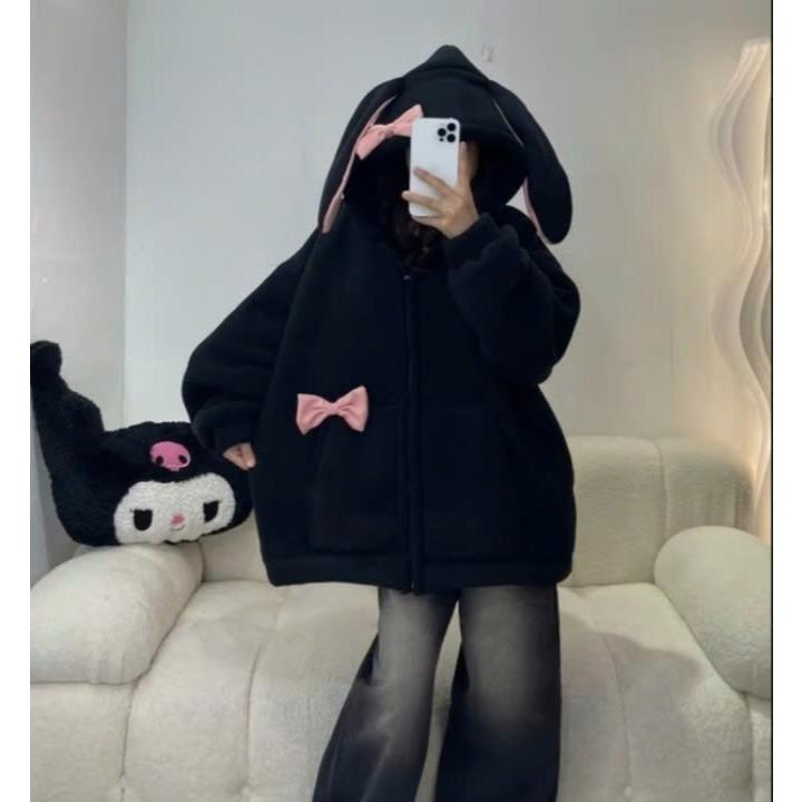 ÁO KHOÁC HOODIE CHẤT NỈ BÔNG CÓ TAI THỎ NƠ FROM RỘNG,hhn.