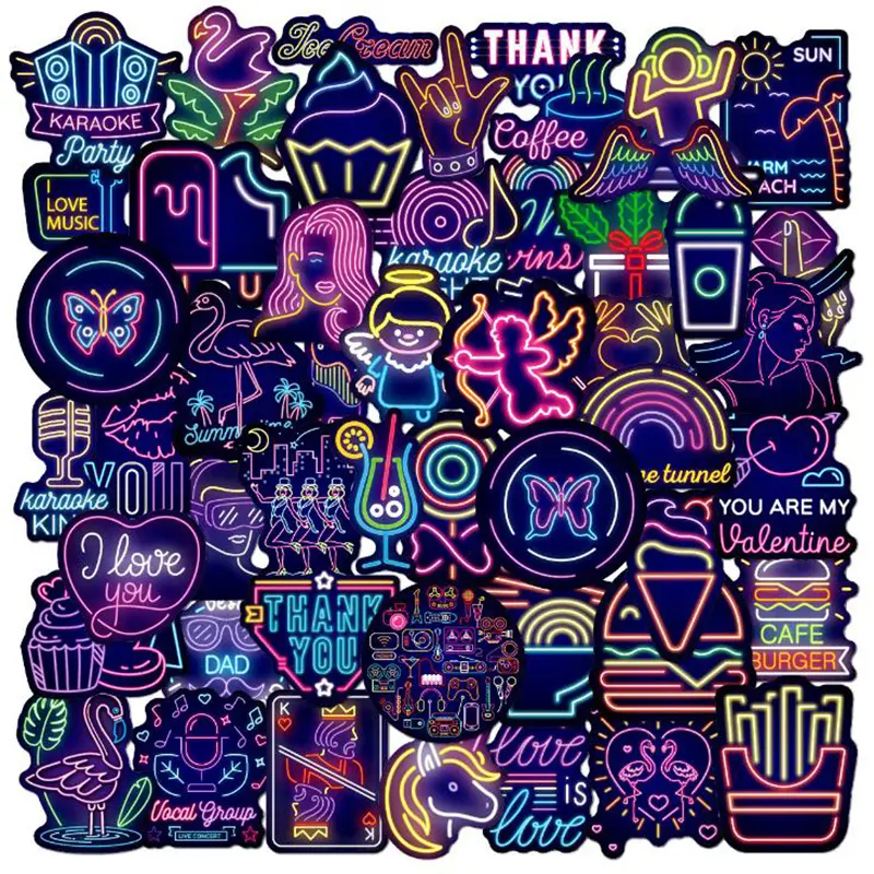 50Pcs Neon Light Stickers Waterproof Laptop Skateboard Luggage Guitar Stickers