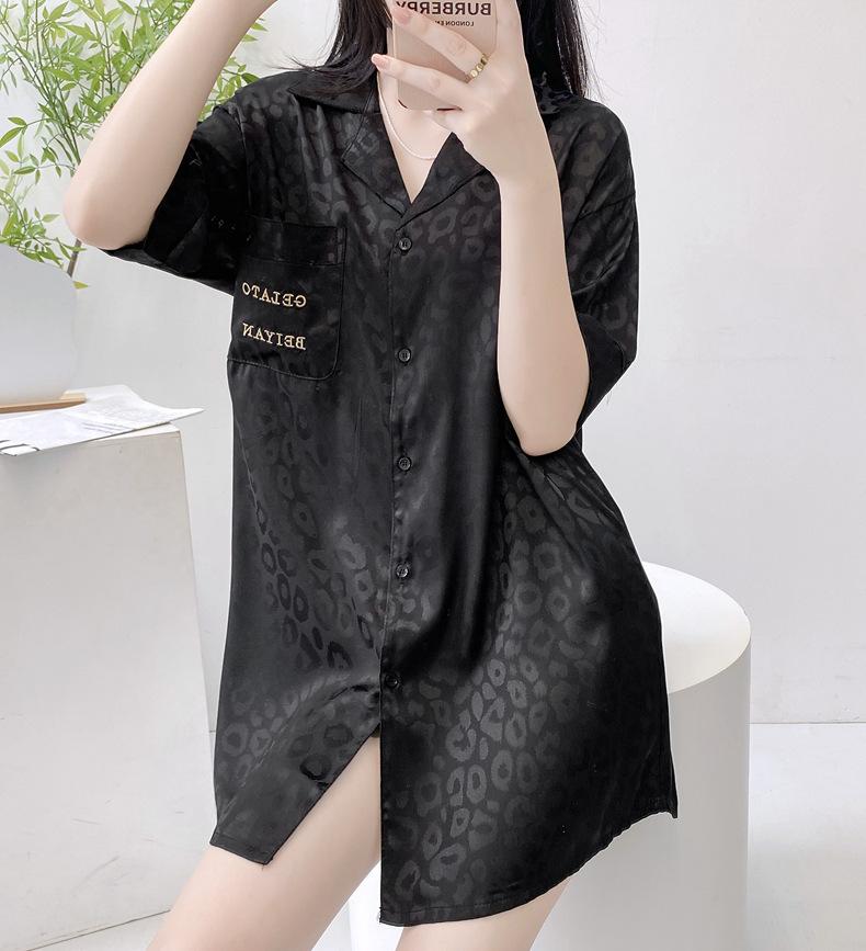 Product Introduction of 2025 New Ice Silk Nightdress for Women Summer Short Sleeve Cardigan Mid-Length Pajamas Thin Sexy Loose Loungewear 15