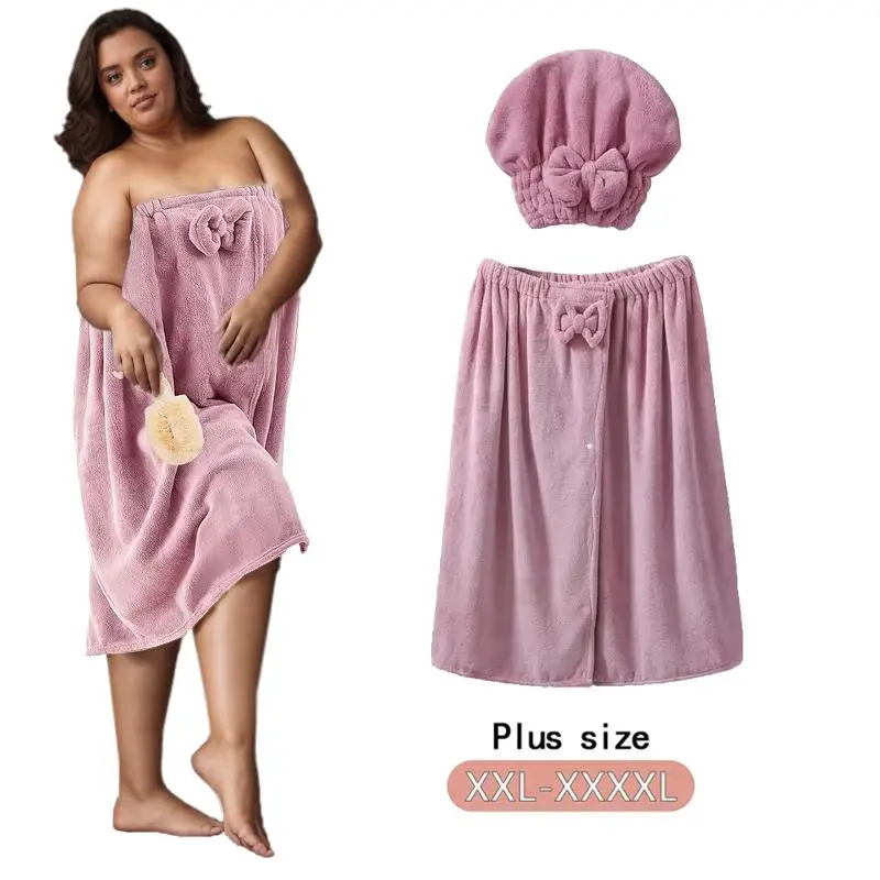 Plus Size Bathrobe & Shower Cap Set, 2 Counts/set Soft Striped Polyester Spa Towel Wrap, Woven Bathrobe & Shower Cap for Home, Travel, Sauna, Fitness, Bathroom, Pool