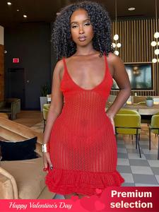 Women's Plain Hollow Out Ruffle Hem Sheer Cami Dress, Sexy Fashion Tiered Layer Short Dress for Party Club Dating Wear, Women Dress for Spring & Fall Valentine's Day, gift