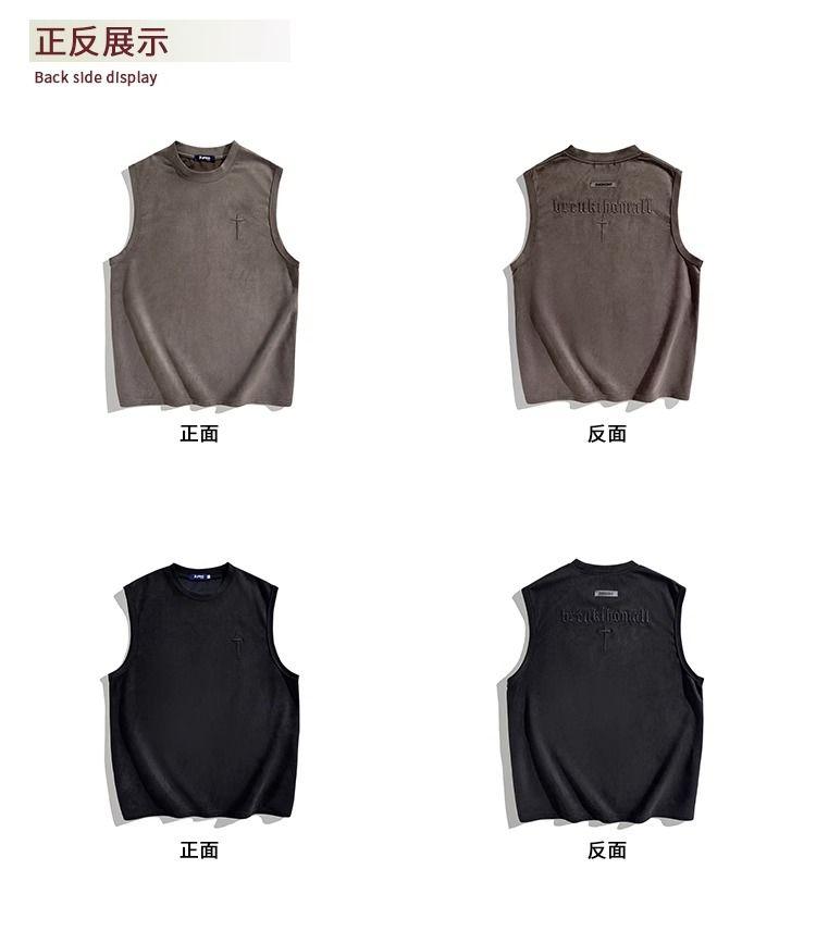 Product Introduction of American Style Sleeveless Vest for Men Summer Suede Embroidered Tank Top Trendy Loose Sports Shirt 17
