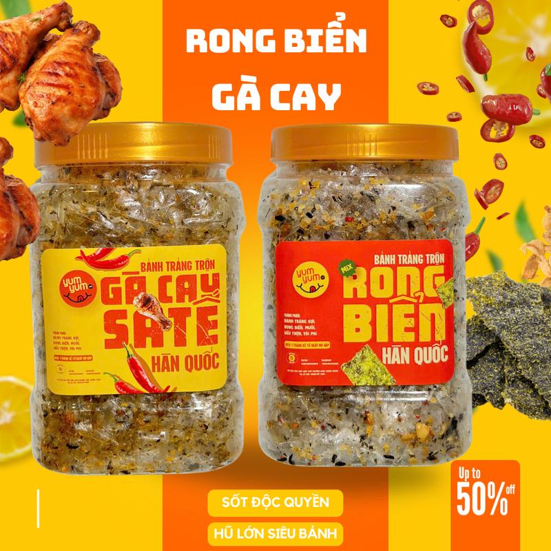 COMBO 2 HŨ LỚN Bánh tráng sợi Gà Cay Sa Tế + Rong Biển Hàn Quốc - Ăn Vặt YumYum Food - Cay, Thơm, Giòn Tan - Snack 0