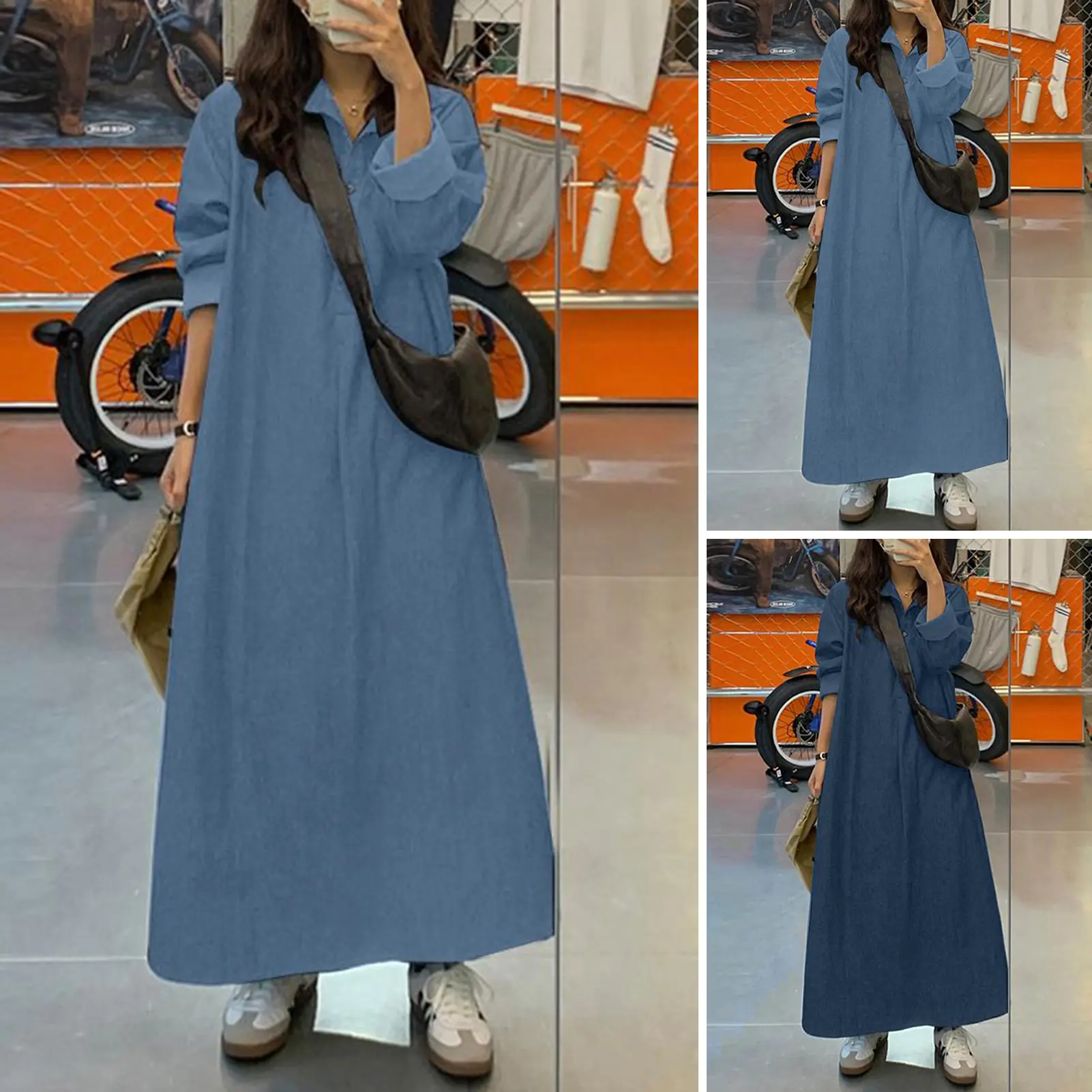 Women Maxi Dress Loose Solid Color Turn-down Collar Long Sleeve Oversized A-line Ankle Length Buttons Soft Breathable Lady Spring Fall Dress