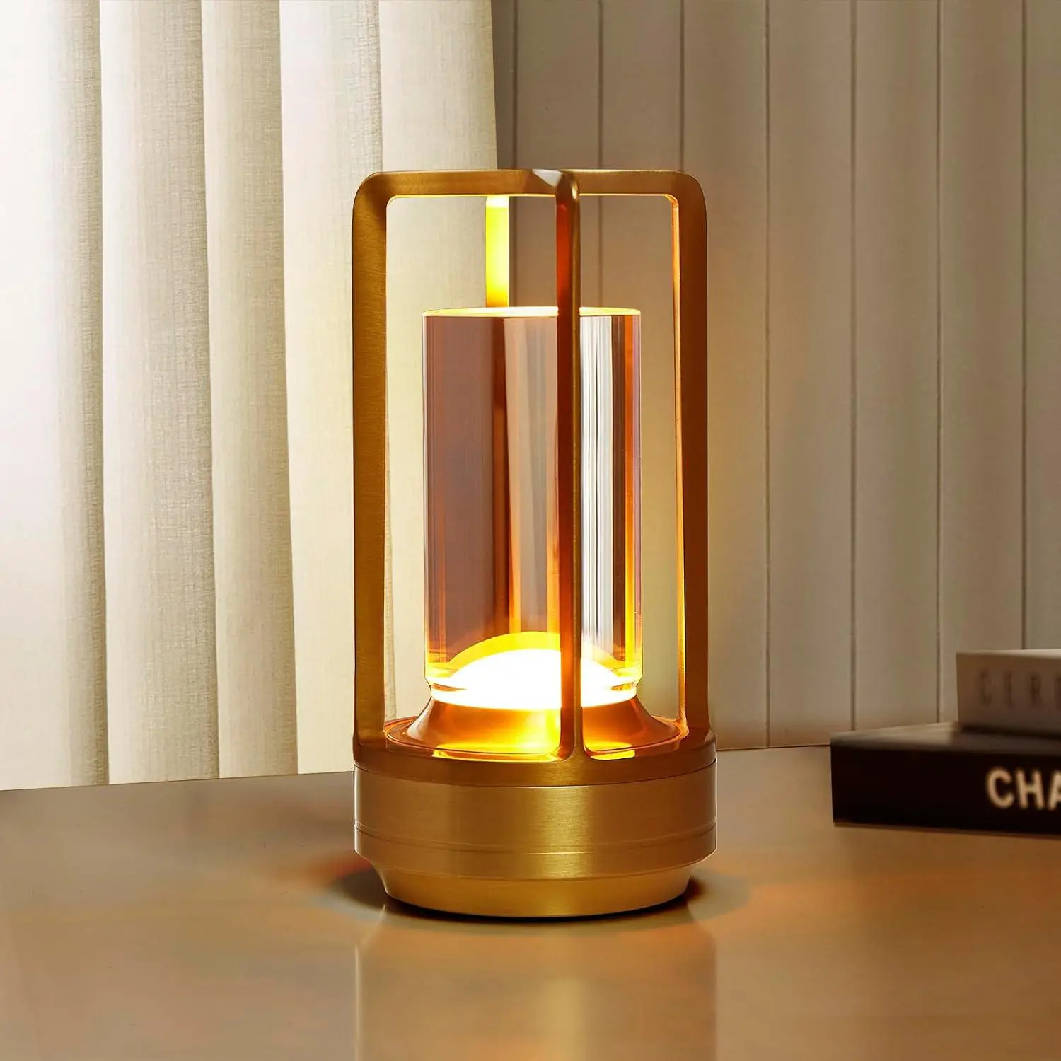 Portable Metal Table Lamp, USB Rechargeable LED Crystal Lantern Lamp, 3 Color Stepless Dimming Touch, Battery Powered Table Light for Bedroom Restaurant Coffee Shop