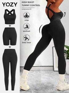 YOZY Criss Cross Backless Crop Tank Top & High Waist Leggings & Skinny Shorts Set/ Casual Scoop Neck Sleeveless Top & Pants & Shorts Set, Women's All Season Outfits for Daily Wear, Year-round Set