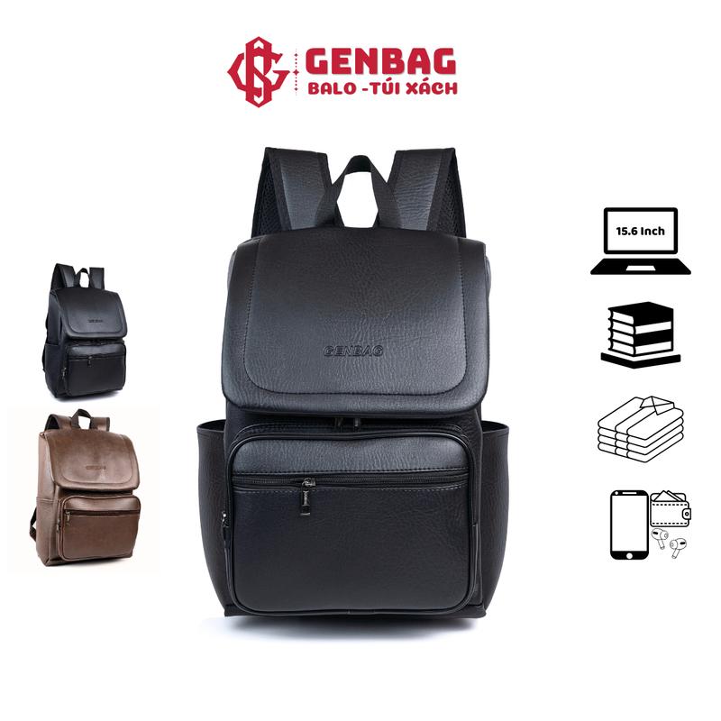 Balo da nam nữ GENBAG balo da pu kiểu dáng basic nắp gập đi học đi chơi đựng vừa laptop 15.6 inch BL19