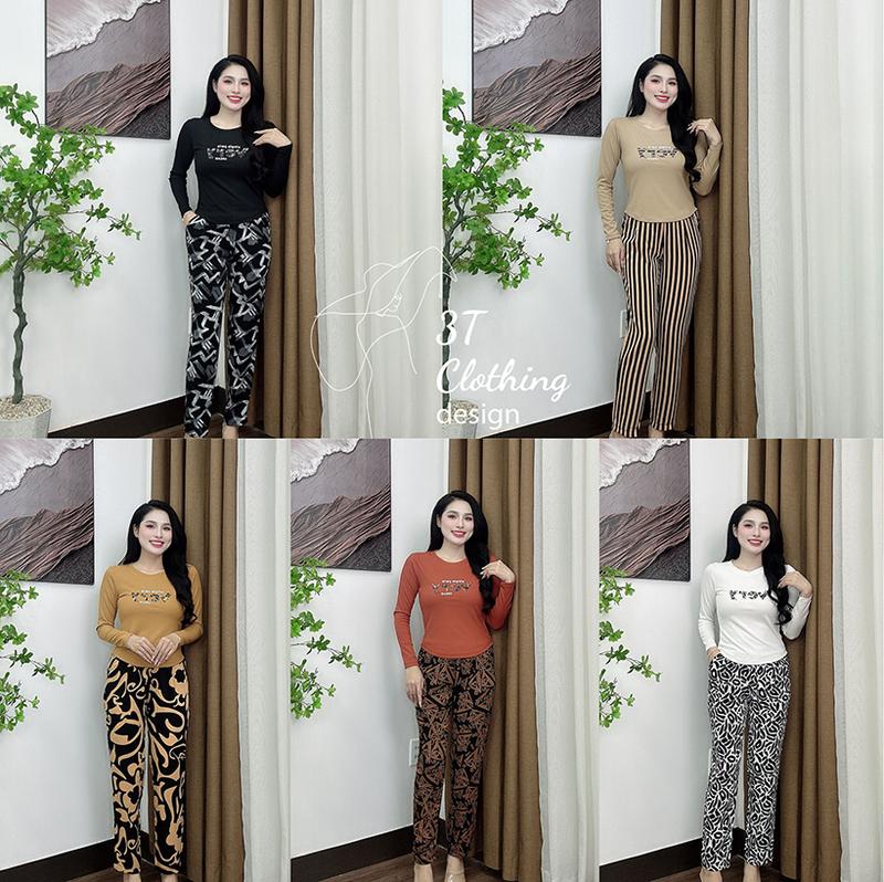 Set đồ bộ nữ cao cấp quần dài phối áo thun tay dài vải tăm lạnh may kĩ chuẩn form bigsize 40 - 80kg mã B20