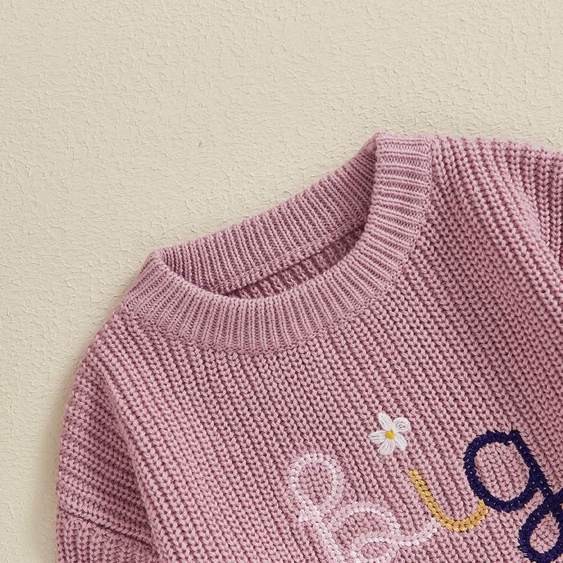Product Introduction of Little Girl's Sweater Casual Letter Flower Embroidery Crew Neck Long Sleeve Pullover Tops for Fall Winter 37