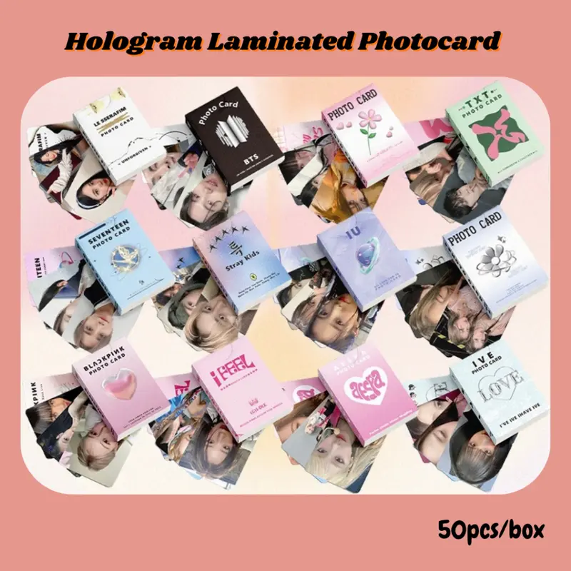 50pcs PhotoCard Hologram 2 sisi MEMBER COWO Blackpink Nct New Jeans TXT IVE Kartu Foto 0