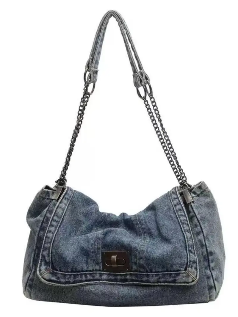 Product Introduction of Women's Denim Shoulder Bag, Fashionable Chain Strap Crossbody Bag for Daily Used, Casual Trendy Versatile High-quality Daily Commuting Bag, Girl Fashionable Shopping Bag 0