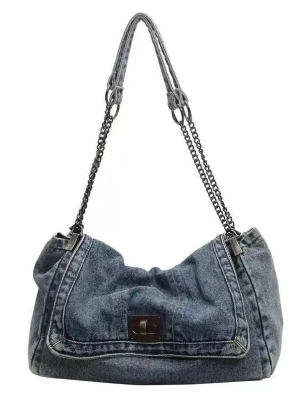 Women's Denim Shoulder Bag, Fashionable Chain Strap Crossbody Bag for Daily Used, Casual Trendy Versatile High-quality Daily Commuting Bag, Girl Fashionable Shopping Bag 0