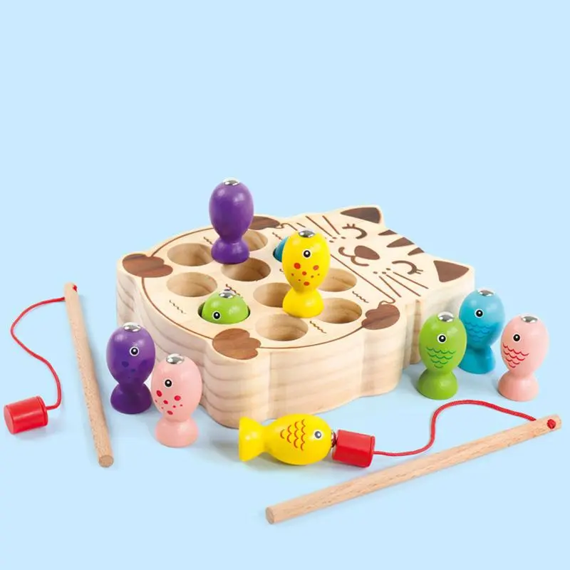 Wooden Magnetic Fishing Toy, Cute Cat & Frog Design Fishing Rod Toy, Early Educational Toy for Kids